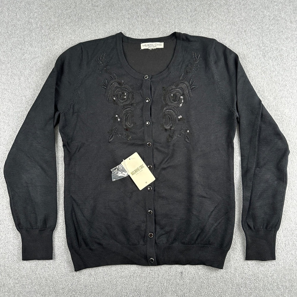 Melrose Chic Cardigan Womens Large Black‎ MC37083 Button Up Floral Embroidered L